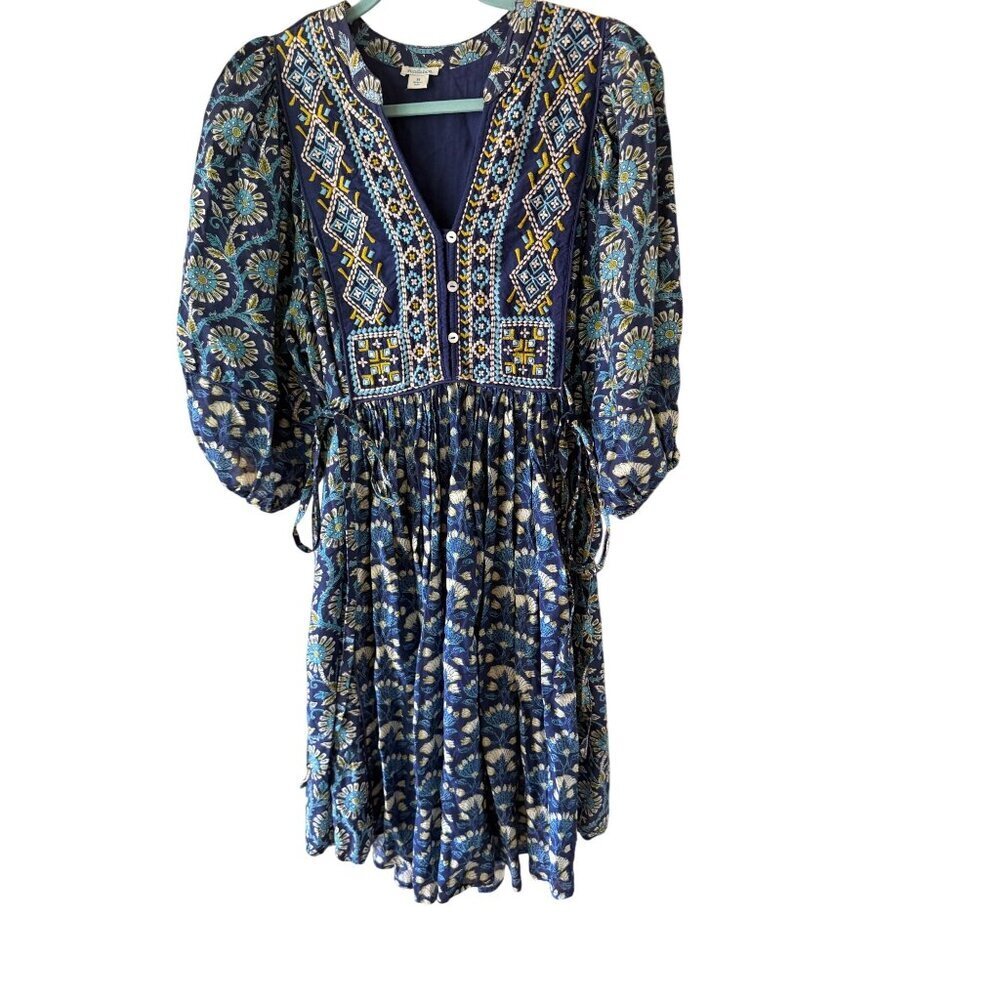 Sundance Womens Livie Midi Dress Size Medium Blue Multi-print Popover Bohemian
